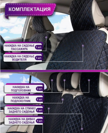  RED Комплект накидок сиденья велюр ПОЛНЫЙ КОМПЛЕКТ ромб черный/синяя строчка RCNV6 с доставкой Краснодар, Краснодарский край